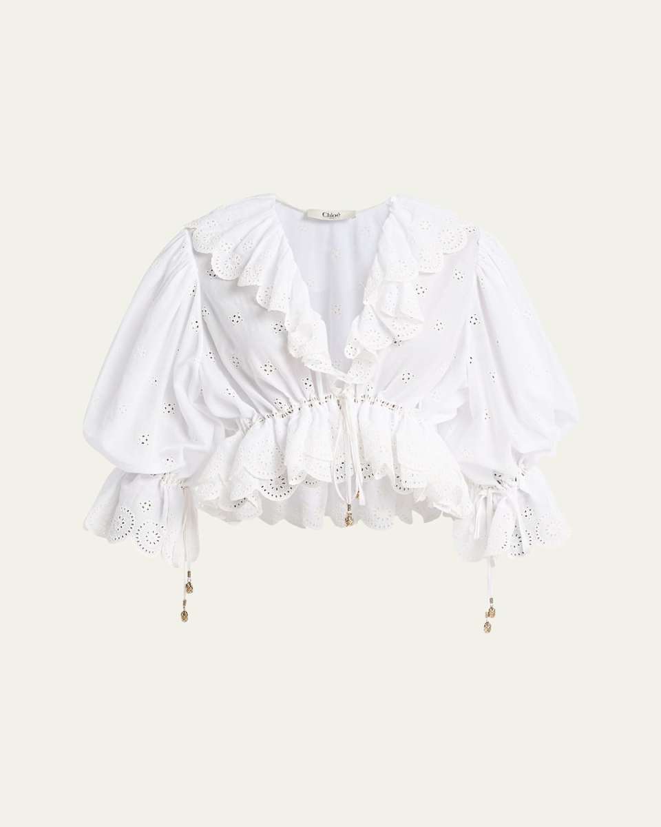 Eyelet Cotton Ruffle Crop Peasant Blouse